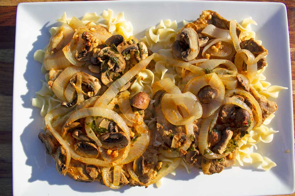 platter of pork chop stroganoff ready to eat