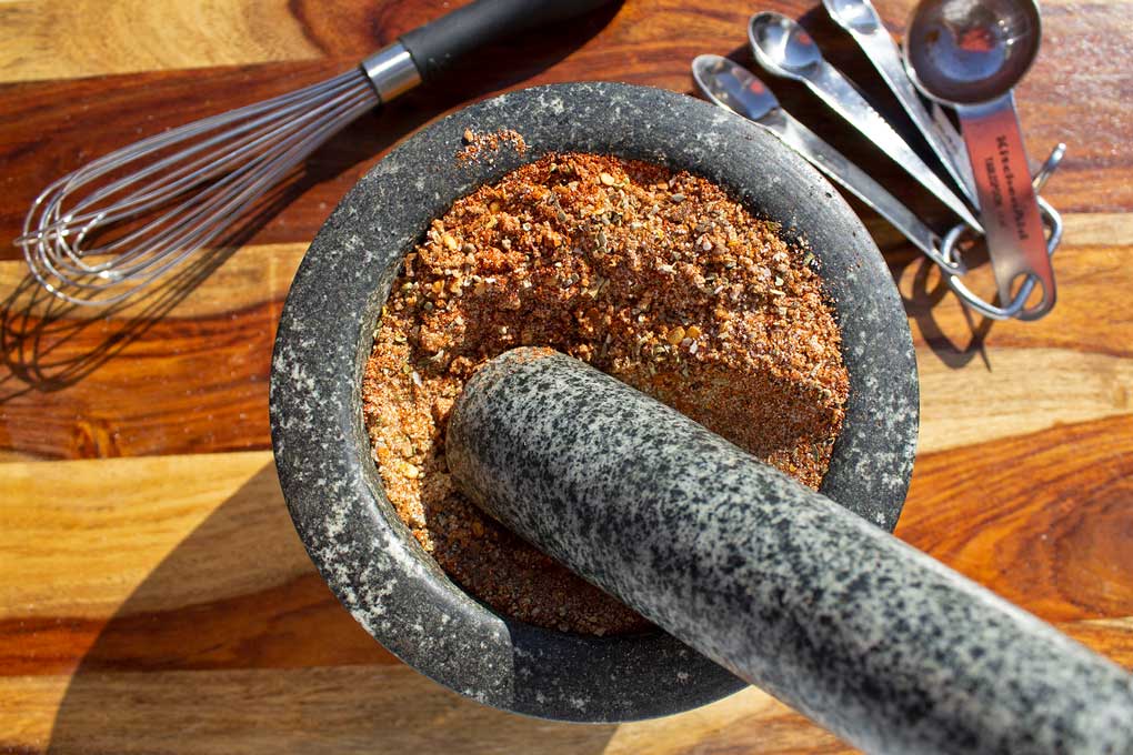 spice rub in mortar and pestle