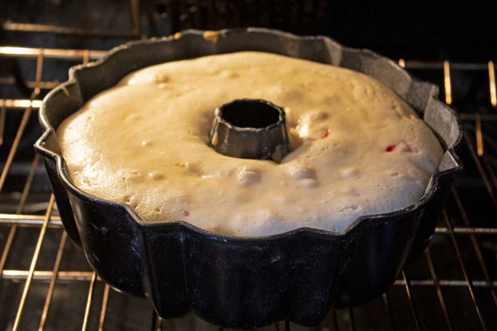strawberry bundt cake in oven