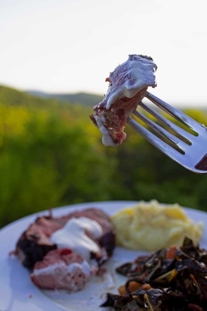 a bite of smoked beef tenderloin on fork with sauce and mountain view
