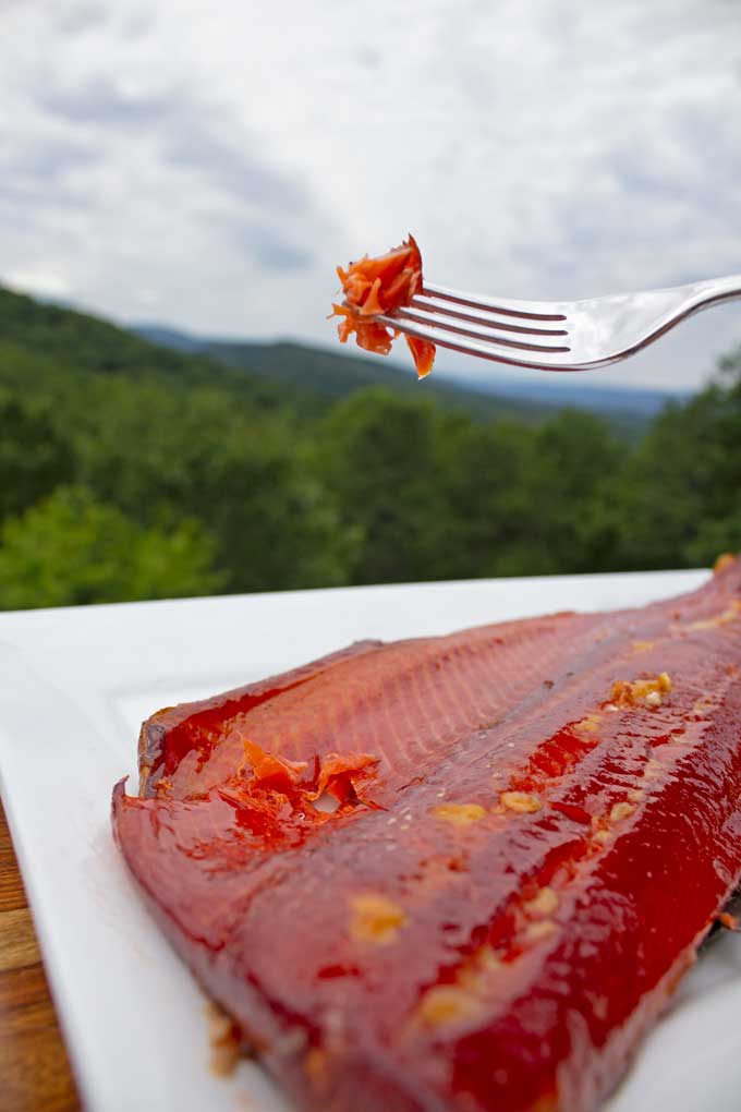 fork with a bite of honey smoked salmon