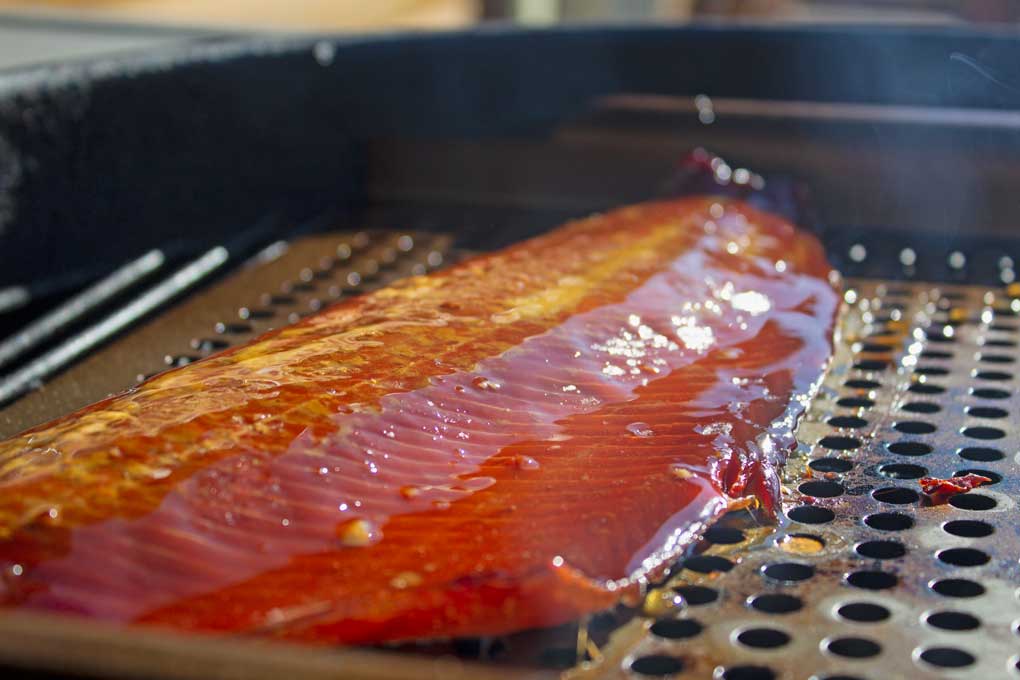 honey glazed salmon on grilling tray