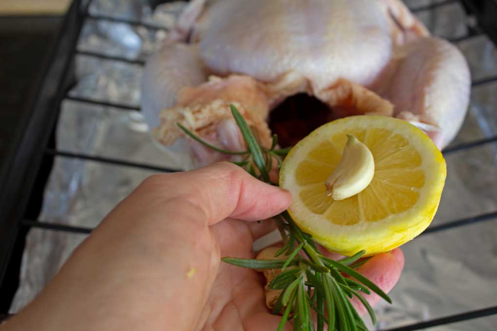 hand holding lemon, rosemary and garlic