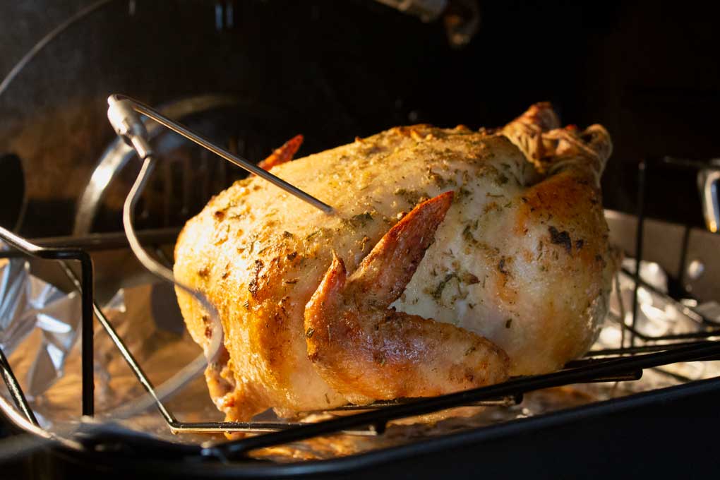 chicken with cooking thermometer probe