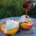 grilled peaches and plums with yogurt and caramel sauce