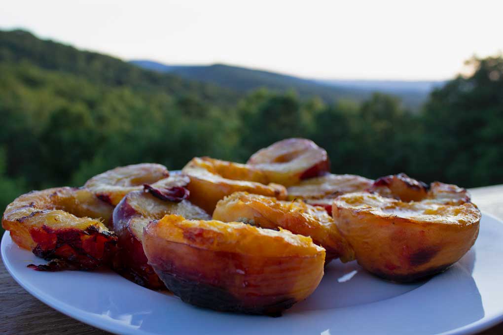 grilled peaches and plums with mountain view