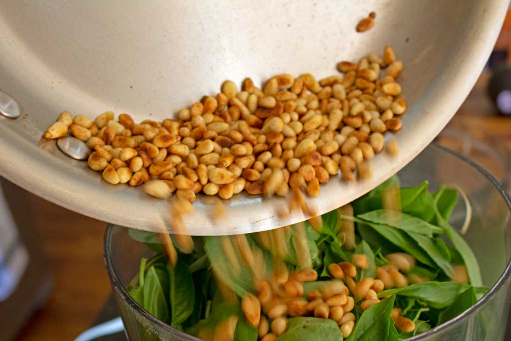 pouring toasted pine nuts into food processor