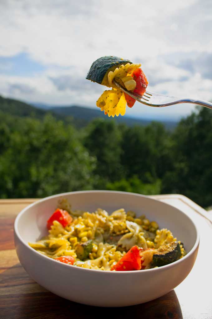 pesto pasta with summer vegetables