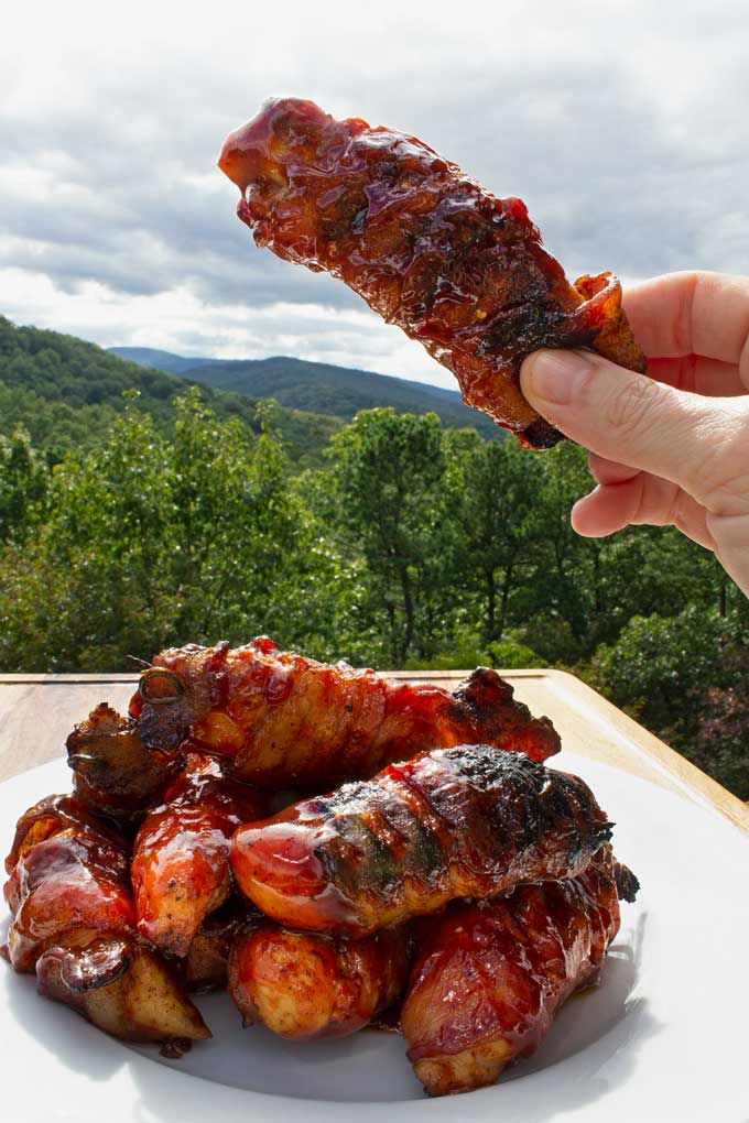 bacon-wrapped bbq chicken tender with mountain view