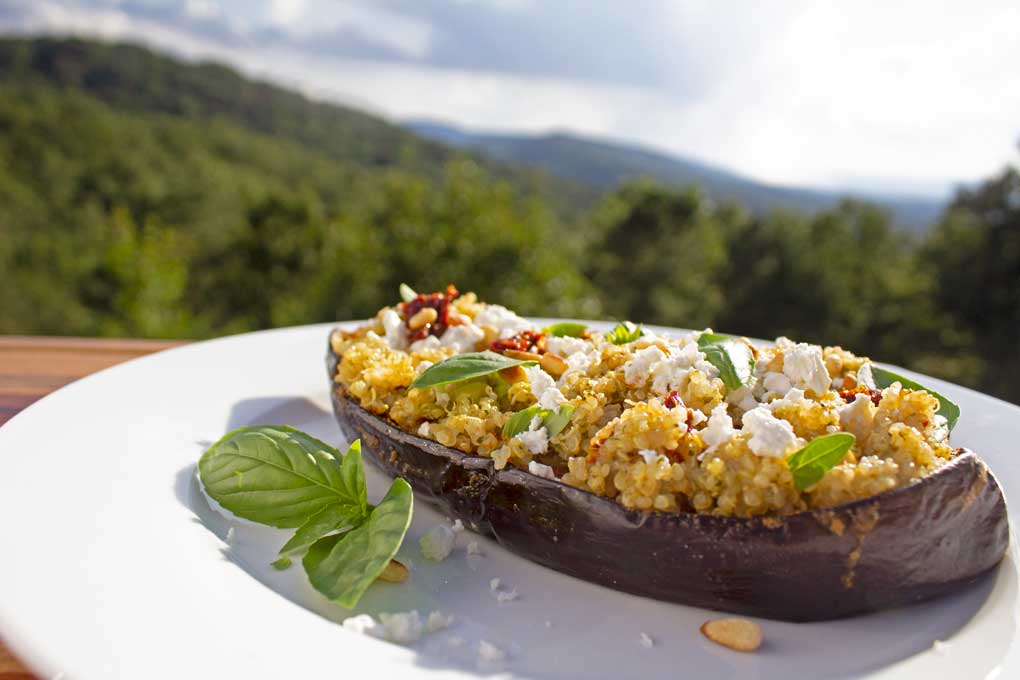 Mediterranean quinoa-stuffed eggplant