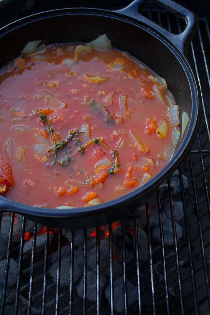 soup cooking in cast iron pot