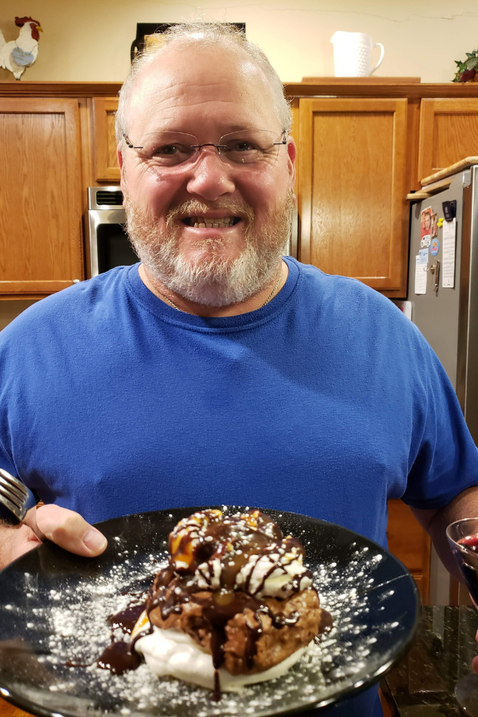 David surprised by his birthday chocolate mousse pavlova