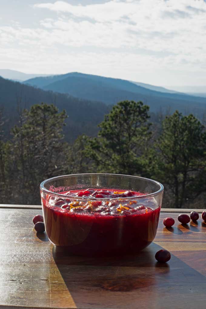 bowl of brandied cranberries with mountain view