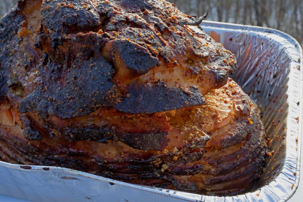 pan of juicy glazed ham