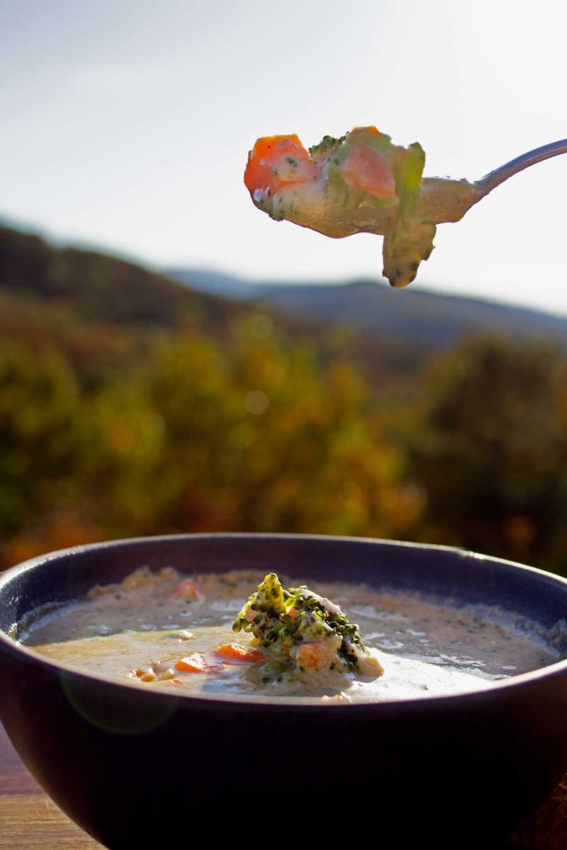broccoli cheese soup with mountain view