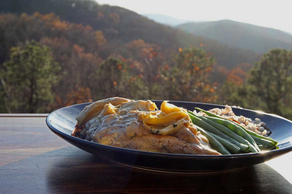 plate of food with mountain view