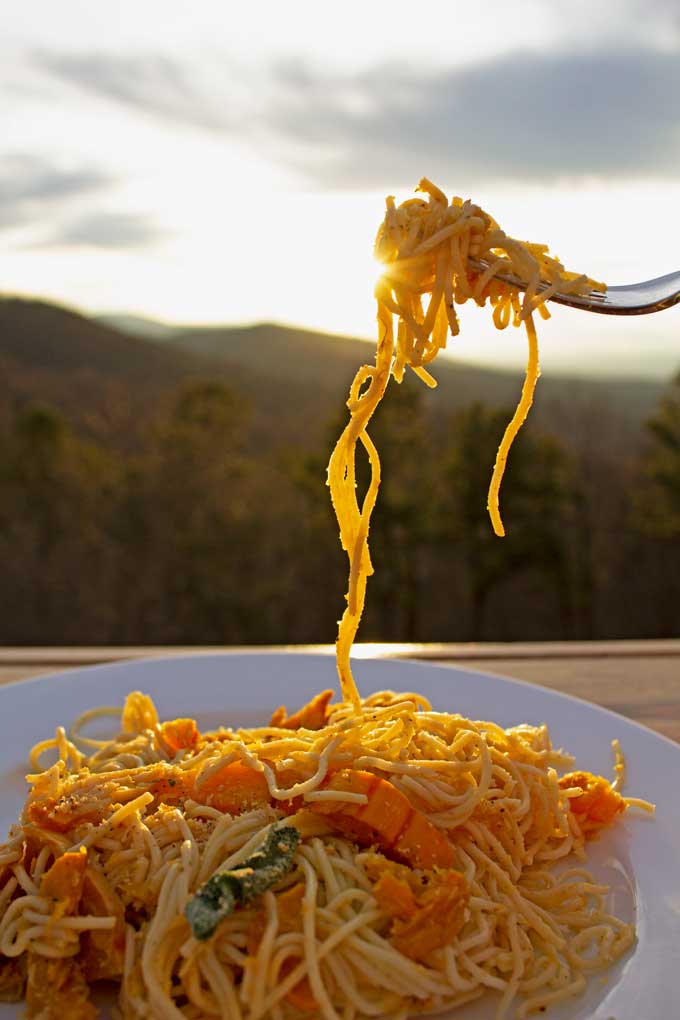 delicata pasta with mountain view