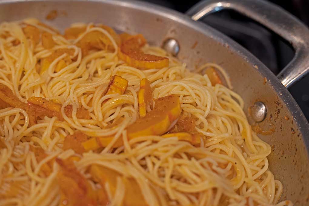 delicata squash and pasta in skillet