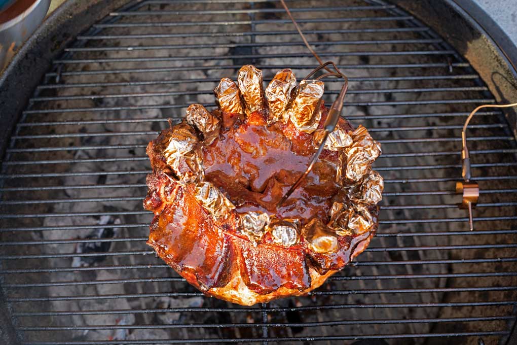 smoked pork crown roast on grill