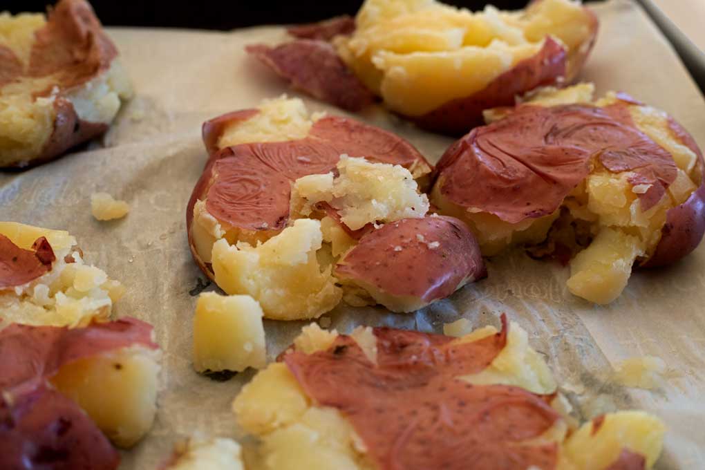 smashed potatoes on sheet pan
