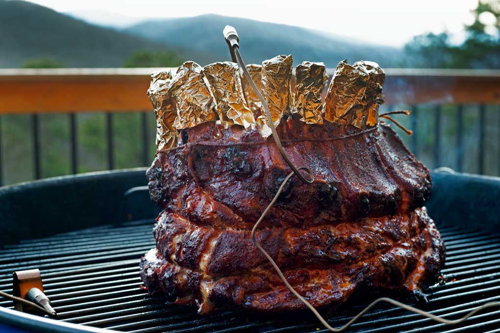 smoked pork crown roast on grill