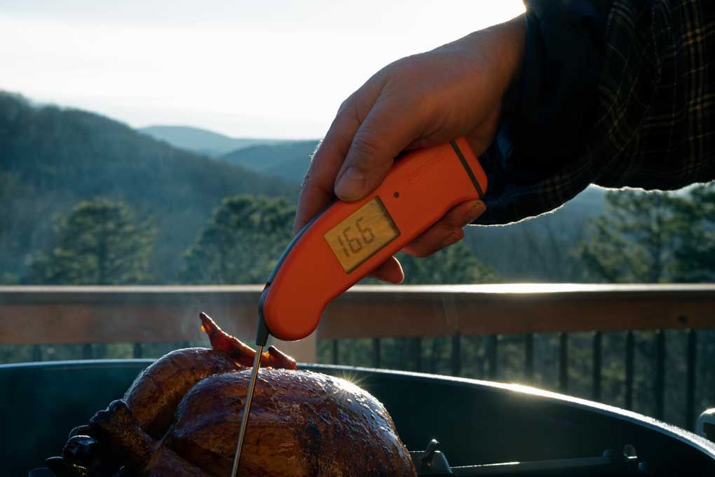 instant-read thermometer inserted into chicken