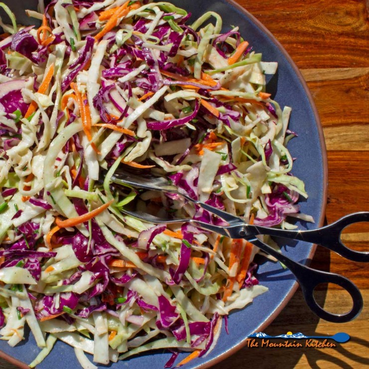 easy coleslaw in bowl with tongs