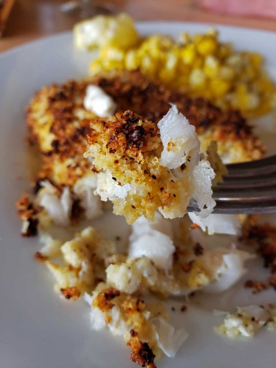 flaky cod on a fork
