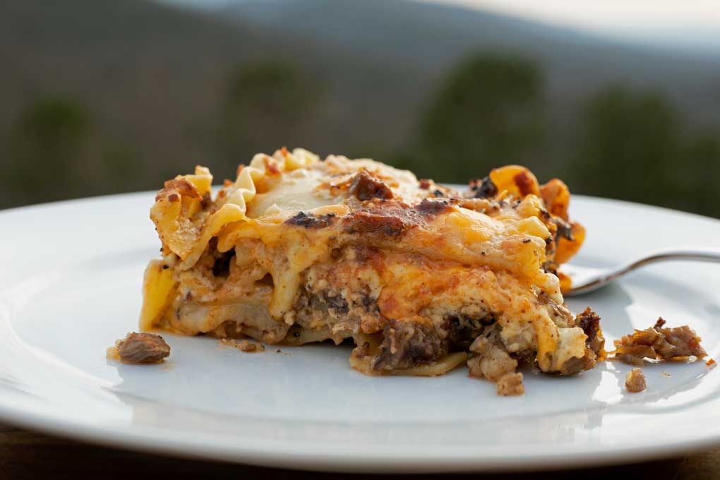 smoked brisket lasagna with mountain view