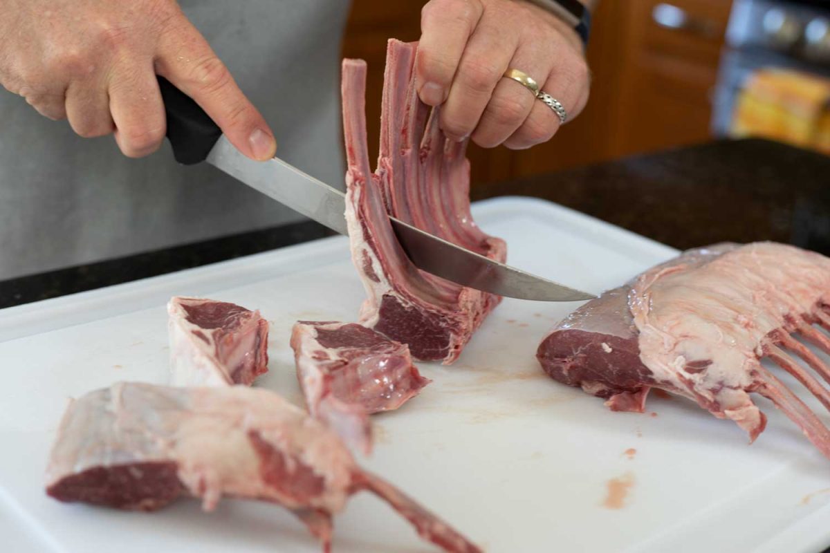 cutting rack of lamb into chops