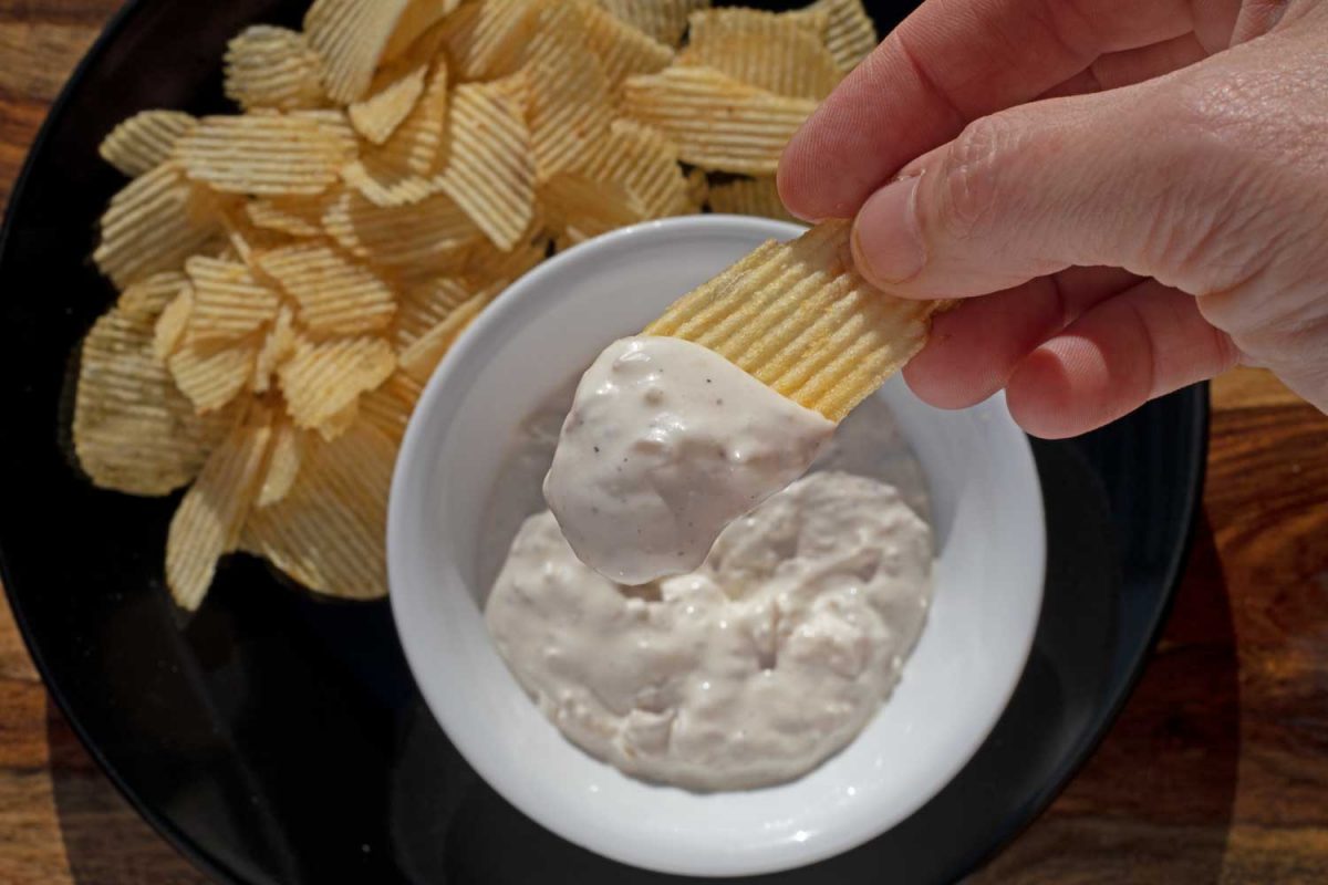 smoked onion dip on potato chip