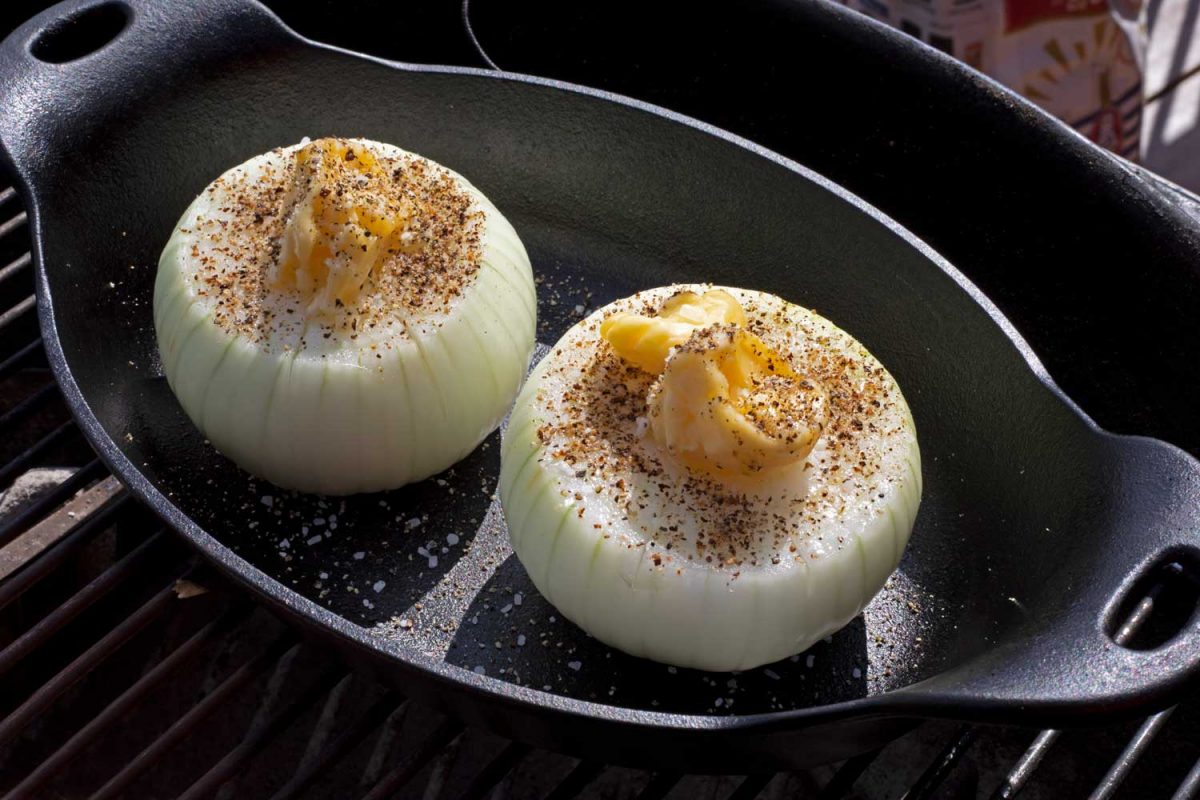 onions in cast iron pan ready to smoke