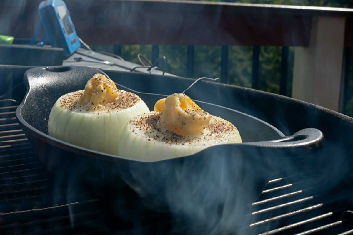 smoking onions on grill