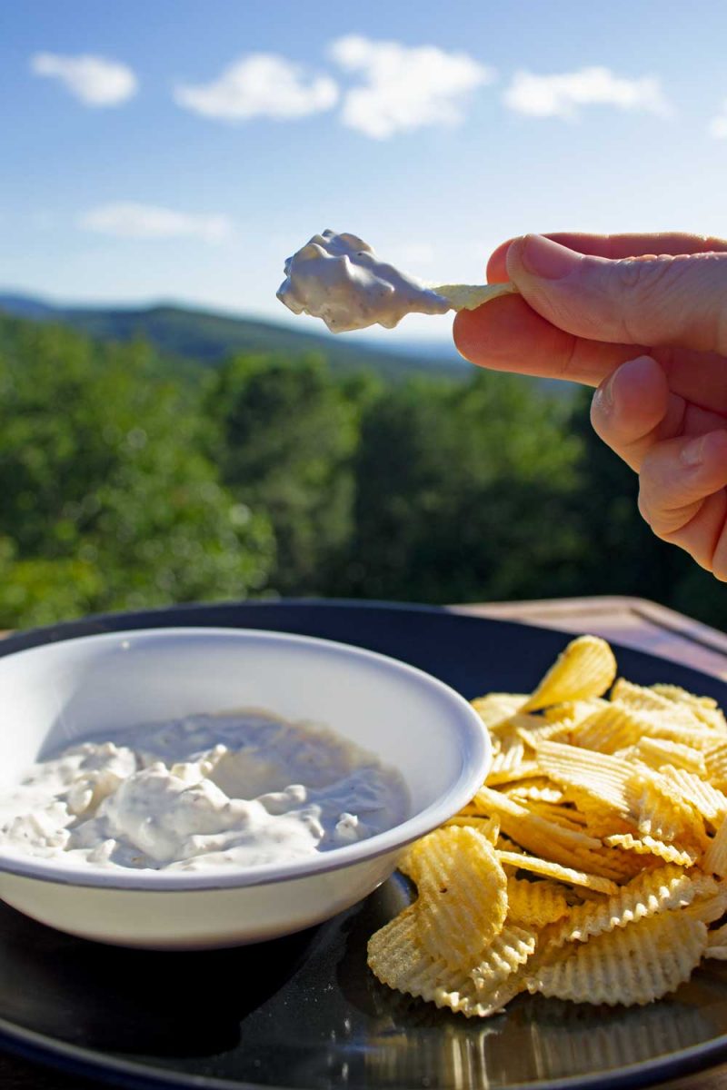 smoked onion dip on chip with mountain view