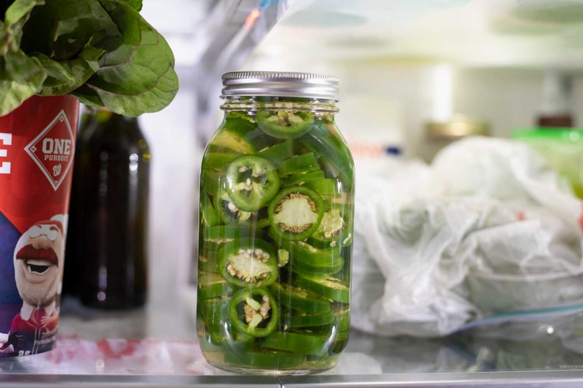 jar of candied jalapenos inside fridge