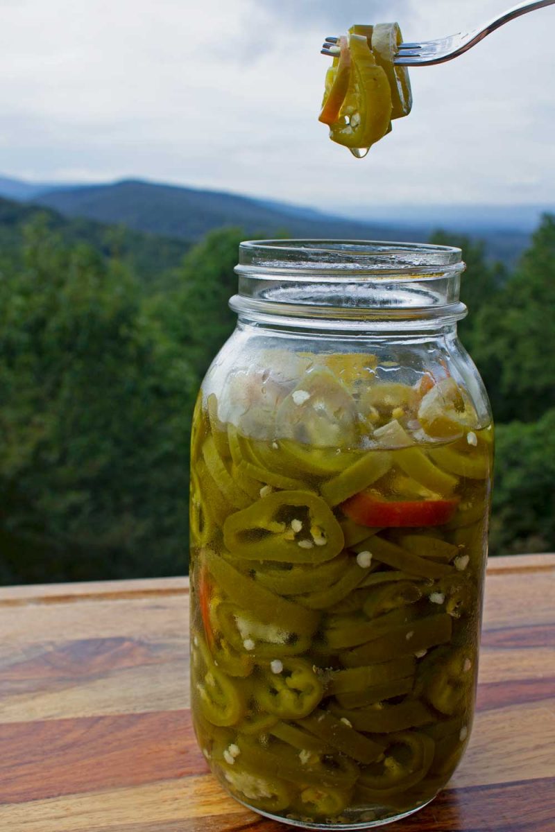 jar of candied jalapenos with mountain view