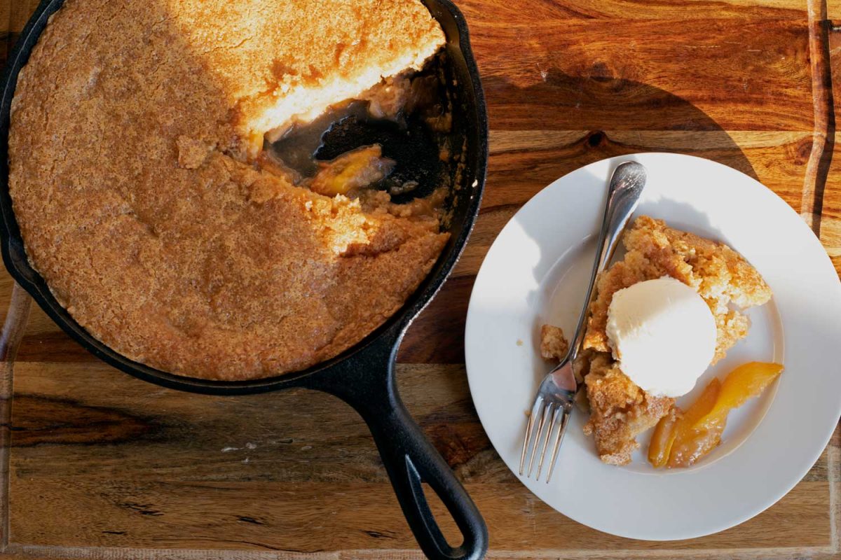 peach skillet cake served with ice cream