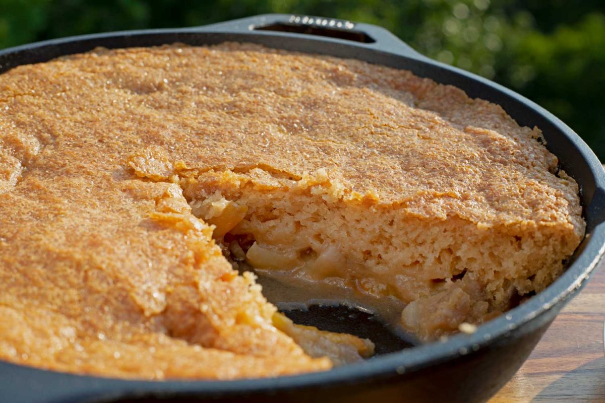 skillet cake with slice missing