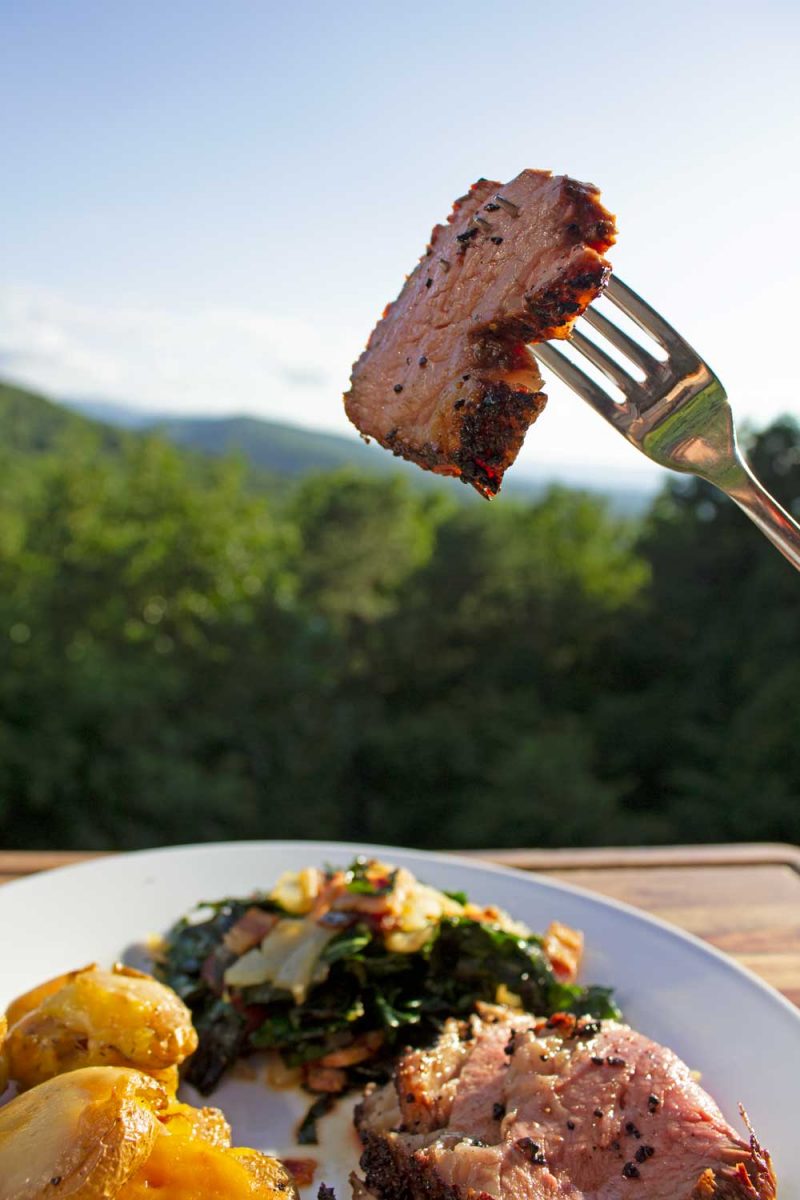 sliced smoked tri-tip on fork with mountain view
