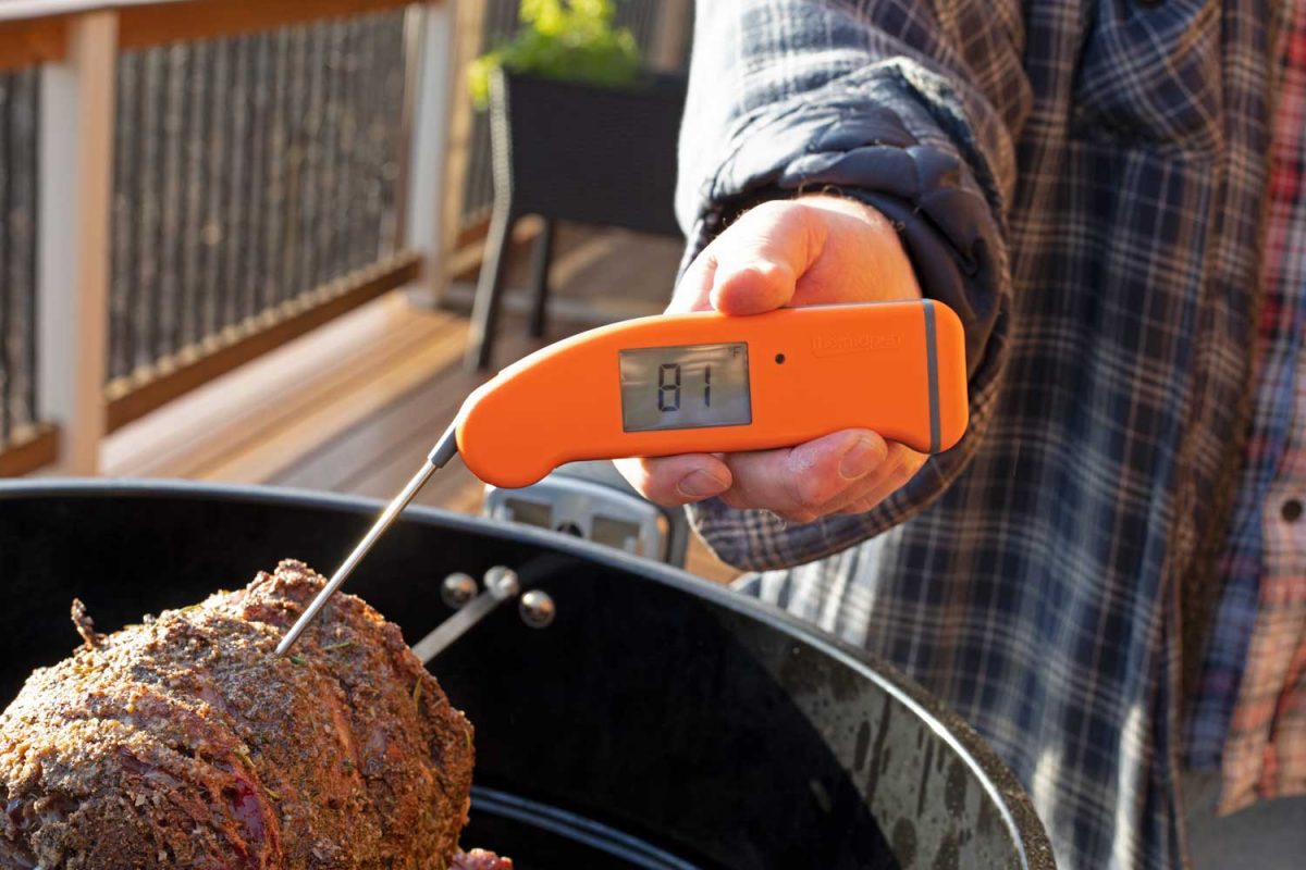 checking internal temperature of meat with thermapen