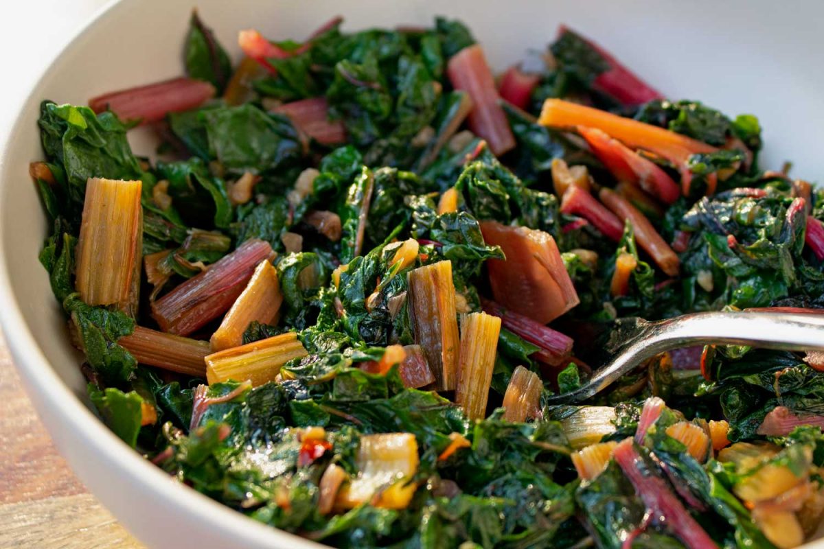 easy Swiss chard in bowl with fork