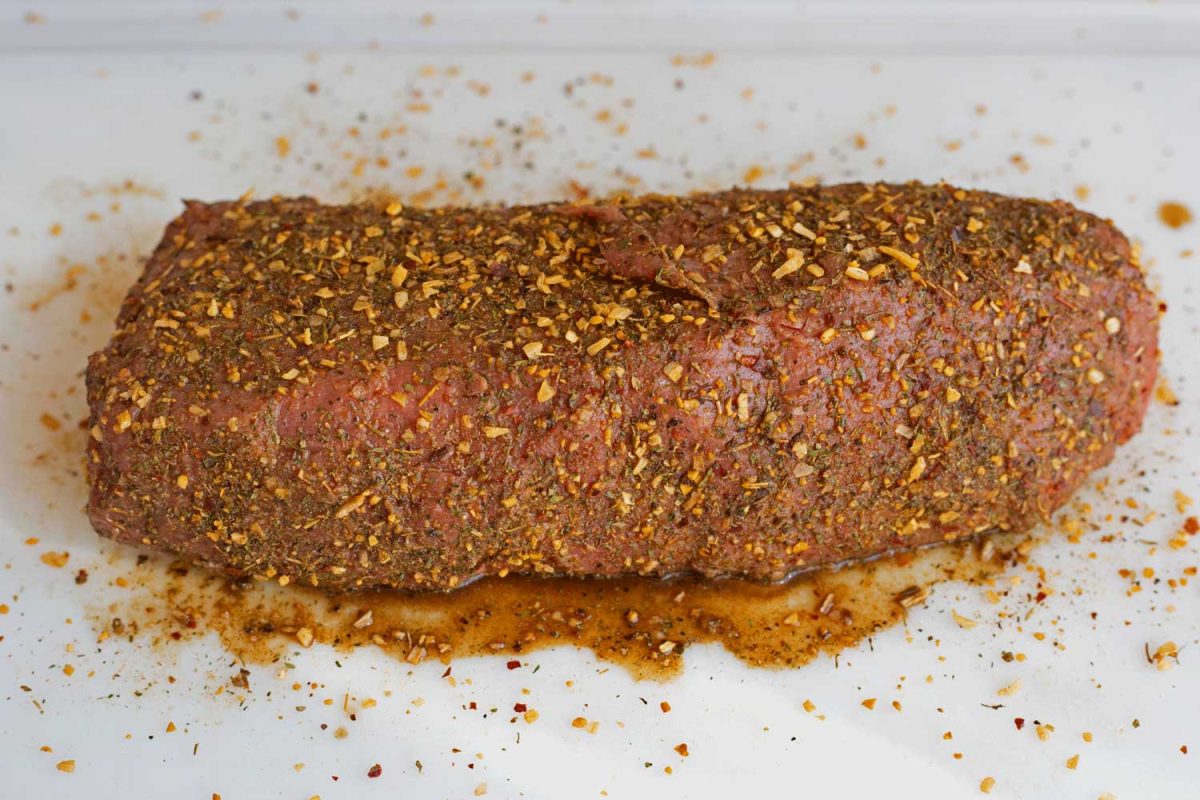 rubbed meat with dry rub and Worcestershire sauce binder