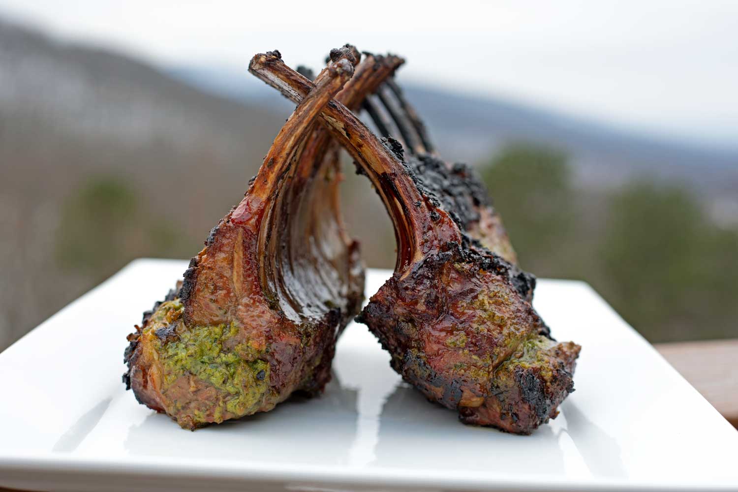 grilled rack of lamb resting on platter