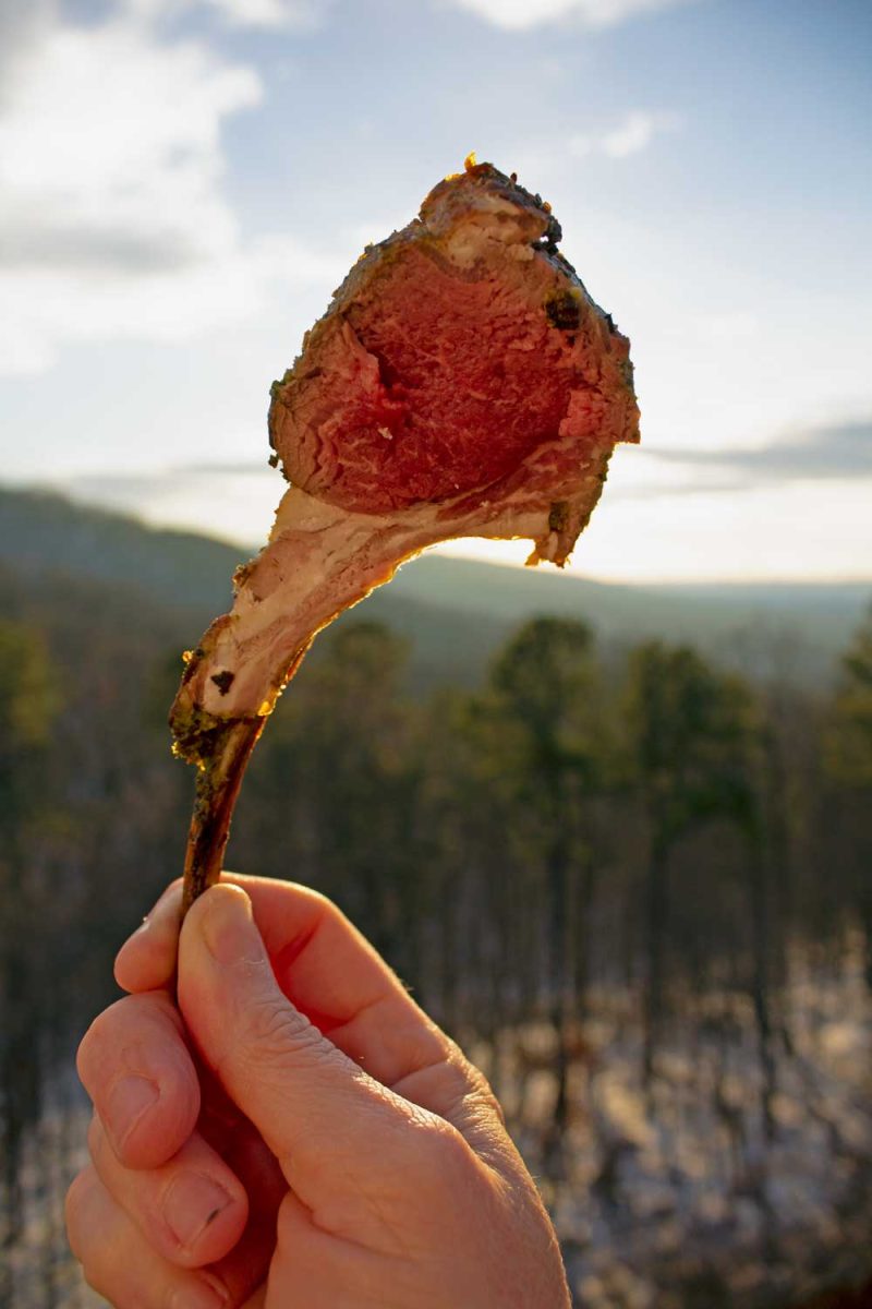 lamb chop held up by hand with mountain view