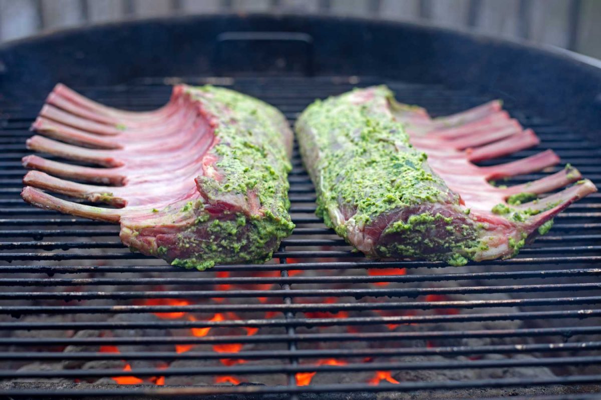 searing racks of lamb on grill