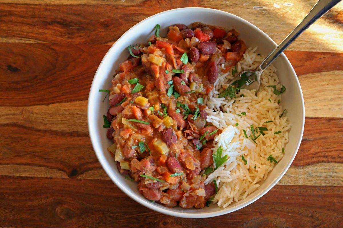 bowl of vegetarian red beans and rice with fork