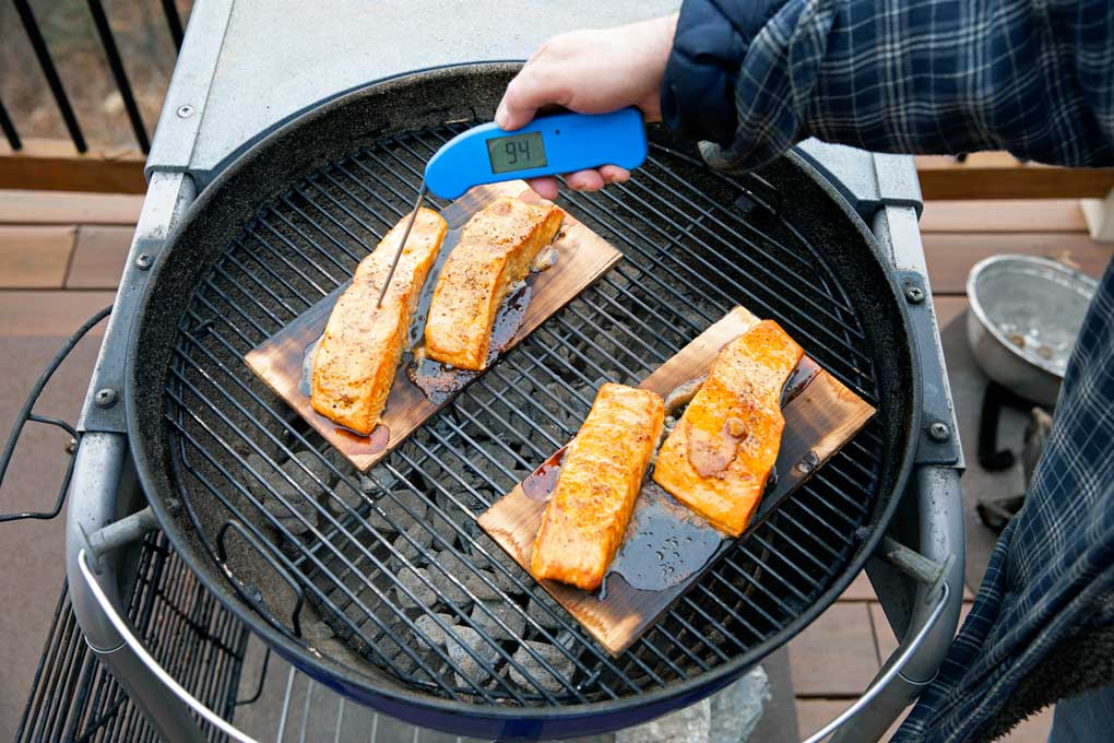 checking temperature of salmon with thermometer