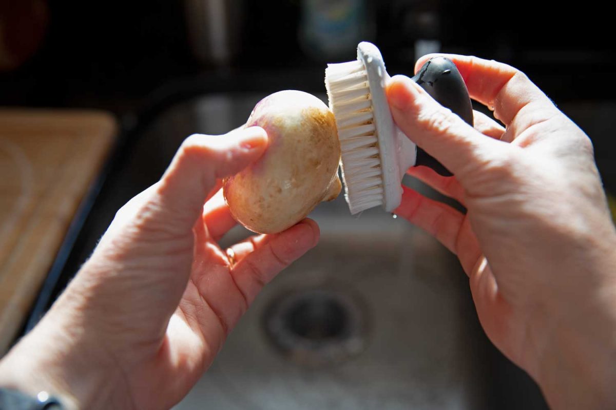 scrubbing turnip with vegetable brush