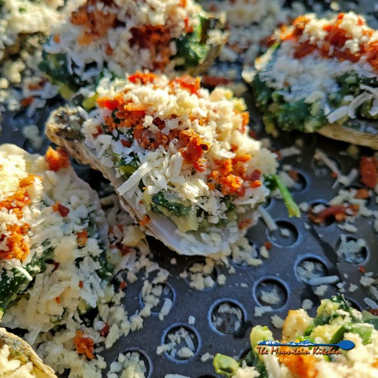 grilled oysters Rockefeller on grill pan