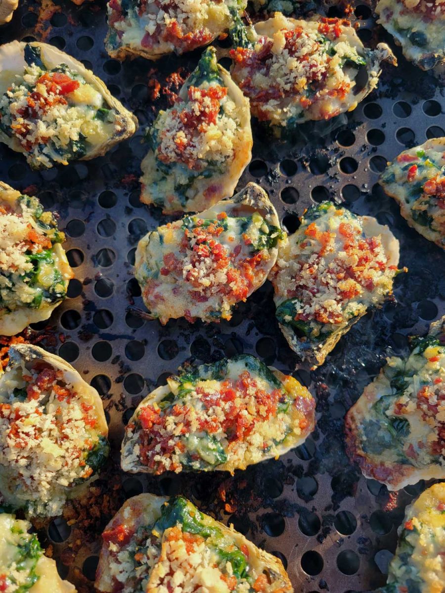 Grilled Oysters Rockefeller grilling on grill pan